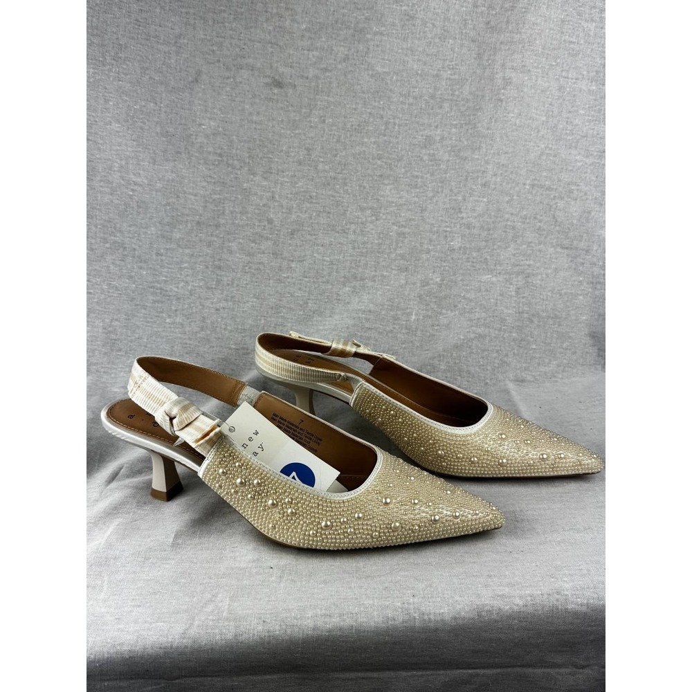 A New Day Women Cream Pearl Embellished Slingback Kitten Heel Pumps Size 7